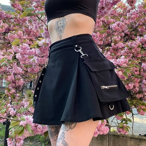 Harajuku Punk Gothic Schwarz Hohe Taille Schwarze Röcke Frauen Sexy