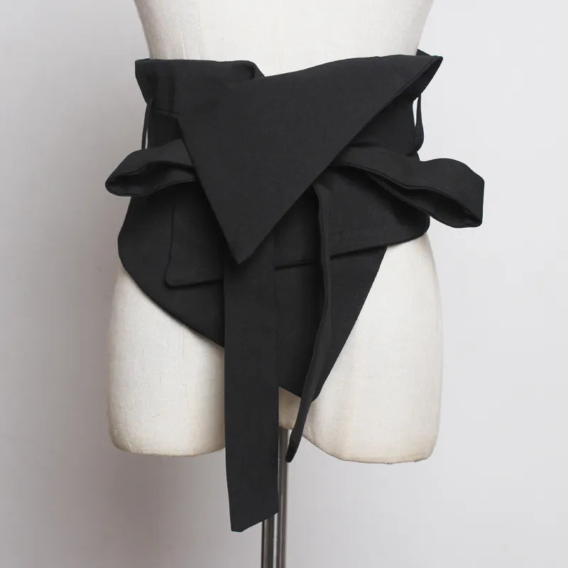 [EAM] Black Cloth Asymmetrical Bow Bandage Wide Belt Personality Women New Fashion Tide All-match Spring Autumn 2023 1A778