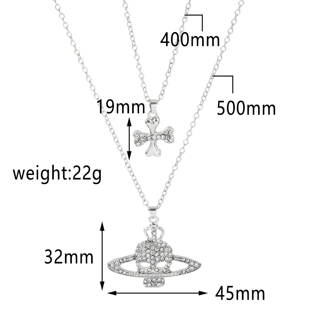 Honjo Ren NANA Cross Skull Saturn Necklace Crystal Rheinstone Pendant Gothic Death Planet Jewelry Hip Hop Accessories Gift