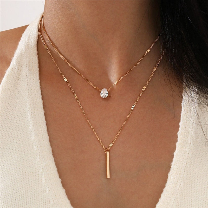 Simple Crystal Geometric Gold Pendant Necklace Set for Women Charms Fashion Square Rhinestone Female Vintage Jewelry