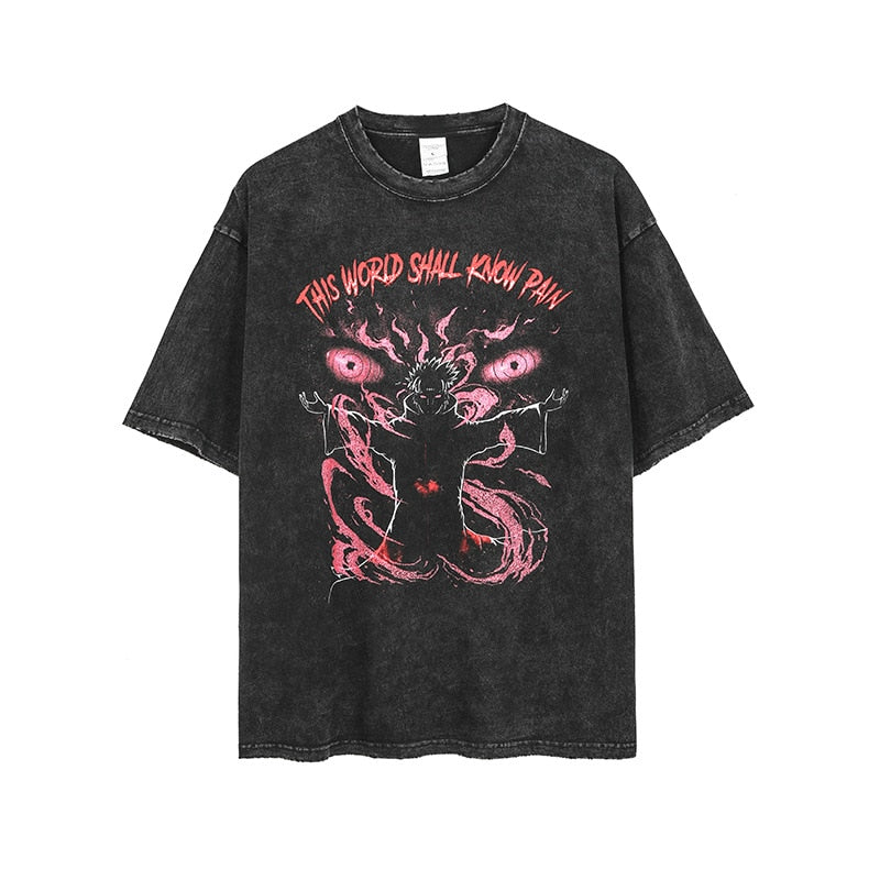 Anime Pain Printed T Shirt Men Retro Washed 100% Cotton Tops Tees Harajuku Tshirt Streetwear Hip Hop Male T-shirts