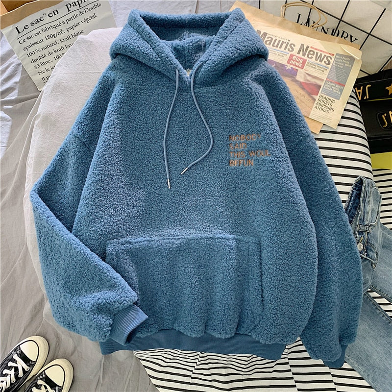 Autumn Winter Thick Warm Coat Velvet Cashmere Women Hoody Sweatshirt Solid Blue Pullover Casual Tops Lady Loose Long Sleeve