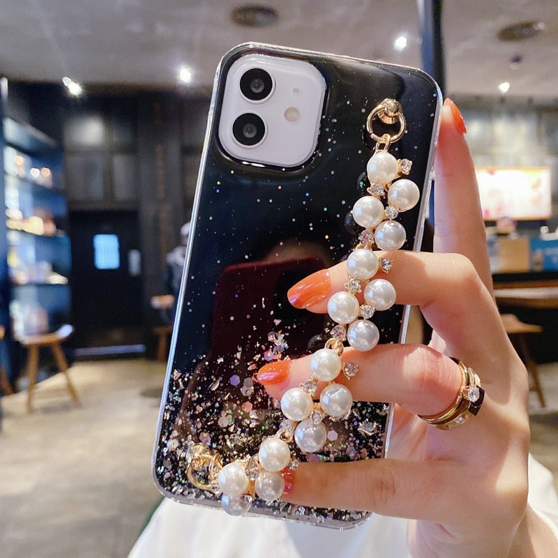 Soft Pearl Bracelet Phone Case For iPhone 11 12 13 14 Pro Max XS X XR 7 8 Plus mini SE 2020 Glitter Shockproof Cases Cover