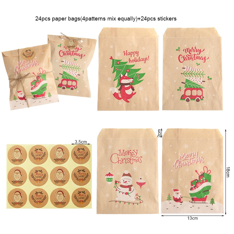 24Sets Christmas Kraft Paper Bags Santa Claus Snowman Fox Holiday Xmas Party Favor Bag Candy Cookie Pouch Gift Wrapping Supplies