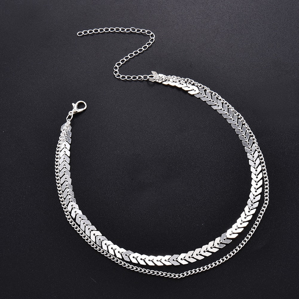 Women Lady Elegant V Sequins Chain Necklace Bib Party Double Layer Necklace Jewelry Choker Necklace