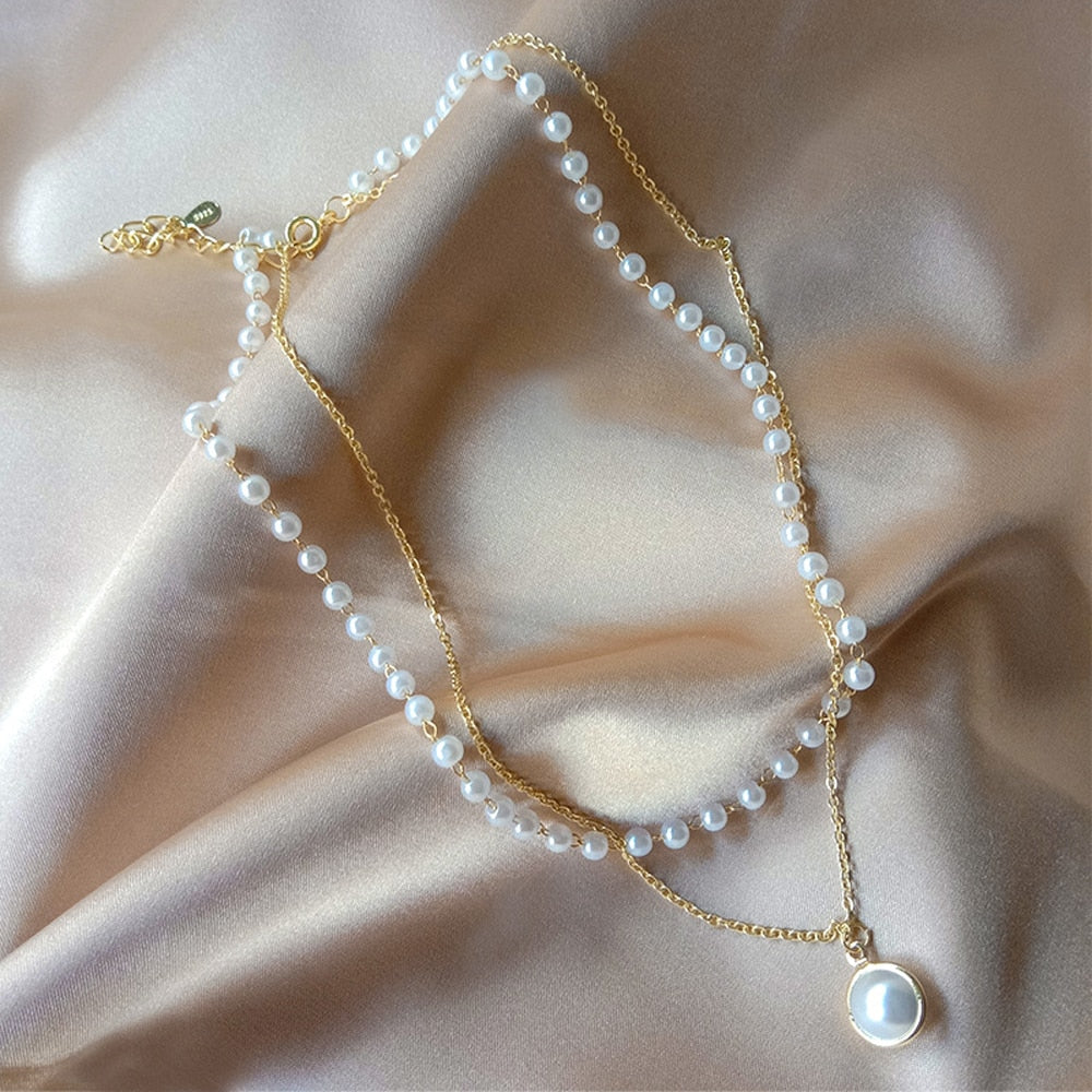 Gargantilla de perlas Kpop, colgante de cadena de doble capa bonito para mujer, joyería, regalo para niña