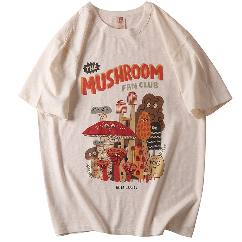 Cotton Material Retro Apricot Mushroom Cute T Shirts O-neck Casual Summer Woman Tshirts Streetwear Kawaii Clothes