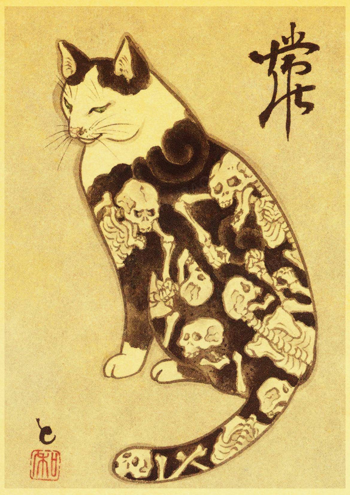 Japanese Samurai Cat Ramen Nostalgia Poster Home Decor Art Decor Hight Quality Cartoon Painting Animal Poster Wall Stickers