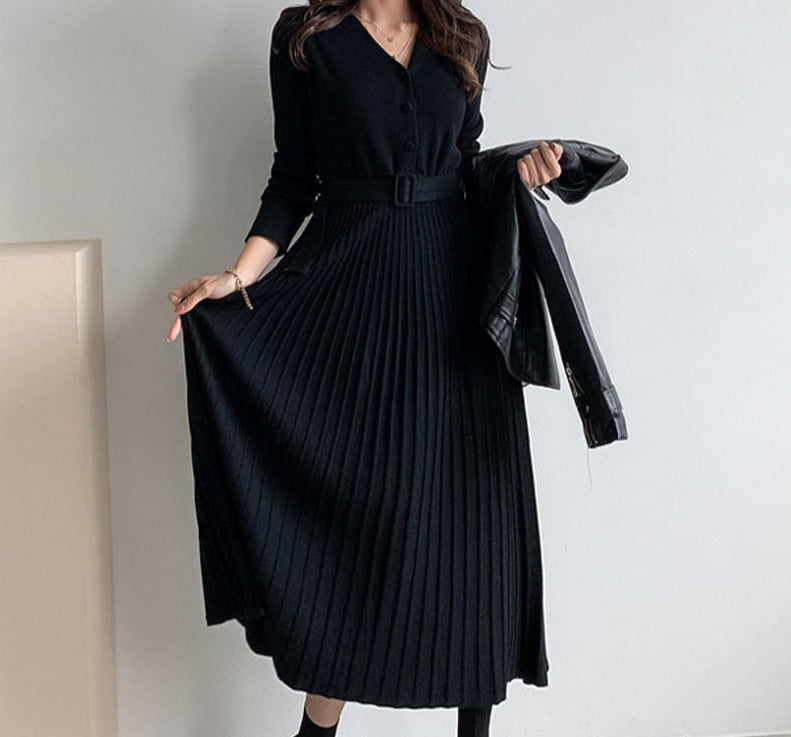 Elegant V-neck Single-breasted Women Thicken Sweater Dress Autumn Winter Knitted Belted Female A-line soft dresses