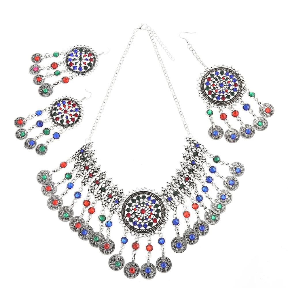 Afghan Silver Color Coin Tassel Bib Statement Necklace &amp; Earring Sets for Women Turkish Gypsy Rhinestone Necklace Party Jewelry