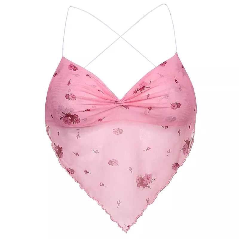 Women Y2K Casual Sexy Pink Cute Halter Tops Sleeveless Flower Print Aesthetic Kawaii Clothes Backless Crop Top