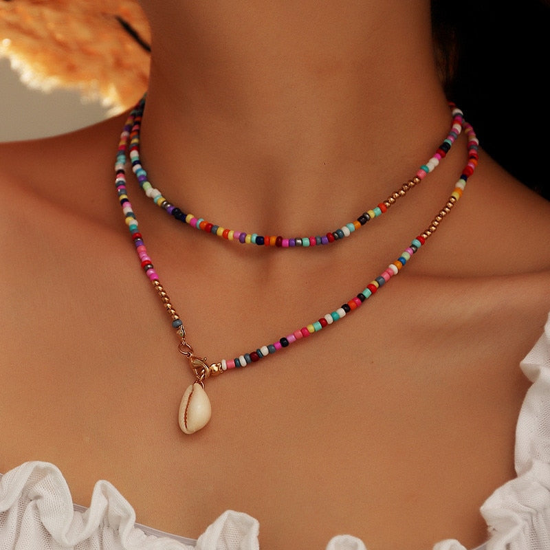 Bohemian Bunte Seed Bead Shell Choker Halskette Statement Kurzer Kragen Schlüsselbeinkette Halskette für Frauen Weibliche Boho Schmuck