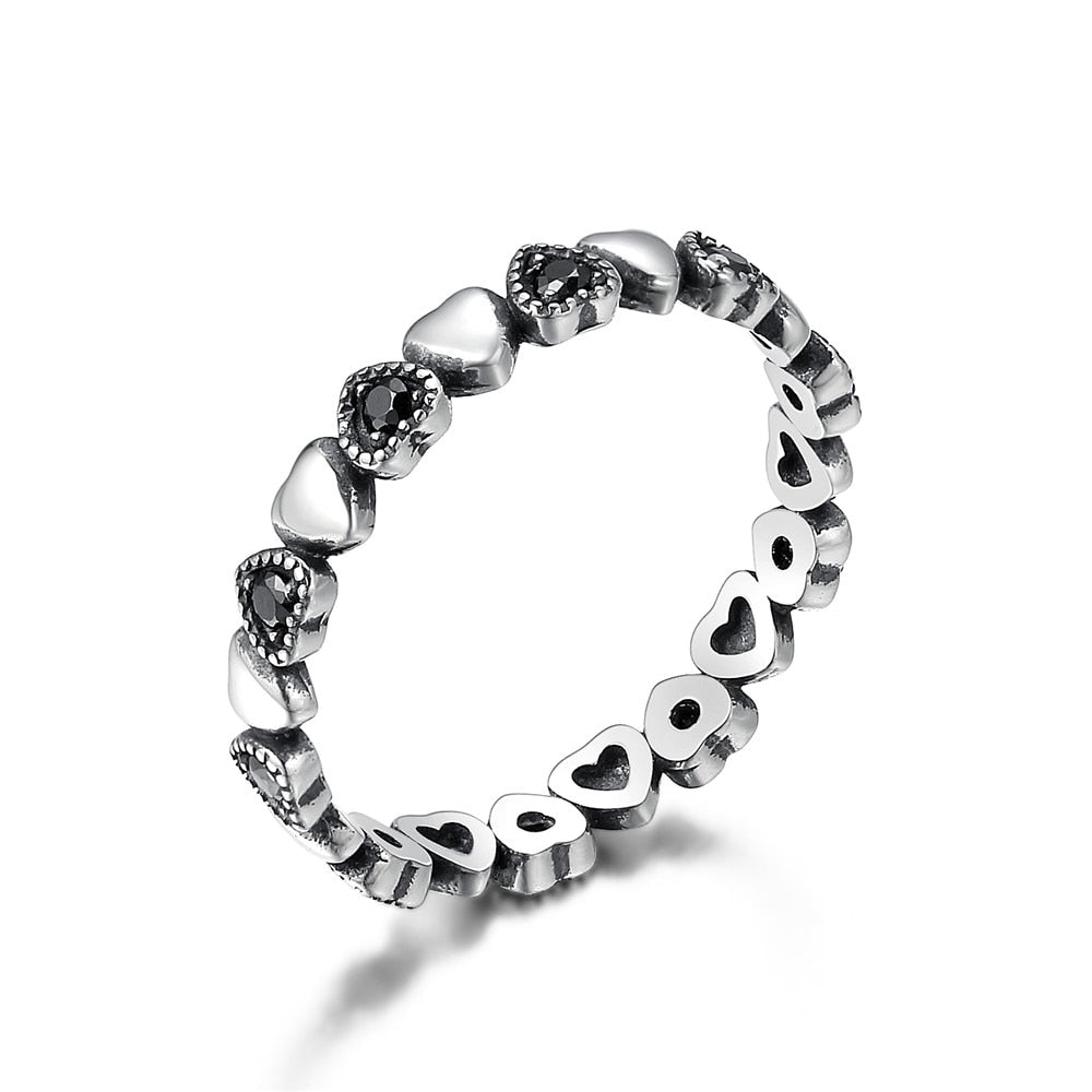Anillo apilable de Plata de Ley 925, anillos de dedo de circonia cúbica negra con corazón para mujer, joyería de aniversario de boda, Anel