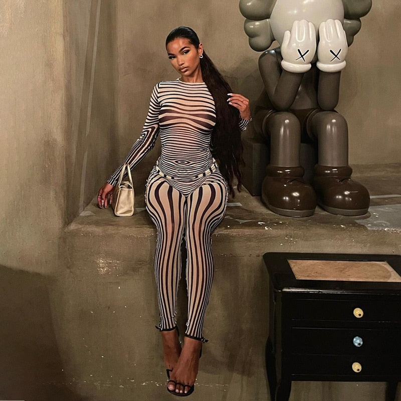 Sexy Hipster Long Sleeve O-Neck Female Bodysuit Streetwear Outfits Mesh Striped Two Piece Set Women Sheath Body-Shaping High Street