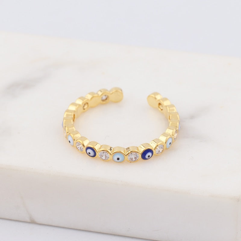 🧿Open Bohemian Rainbow Evil Eye Rhinestone Filled Gold Rings for Women Vintage Midi Mens Ring on Finger Devil Jewelry