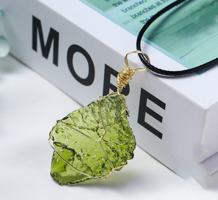 Natural Raw Moldavite Pendant Czech Meteorite Necklace with Goldtone Wire Wrap Irregular Crystals Certified 100% Real Moldavite