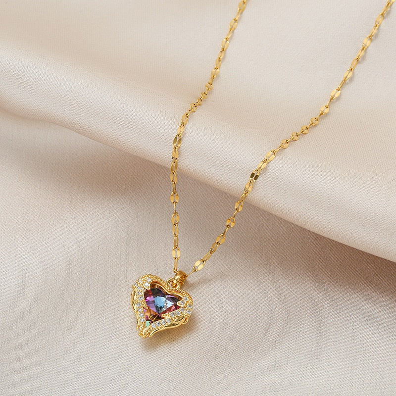 Zircon Crystal Ocean Heart Pendant Necklace For Women Korean Stainless Steel Jewelry Female Wedding Neck Chain