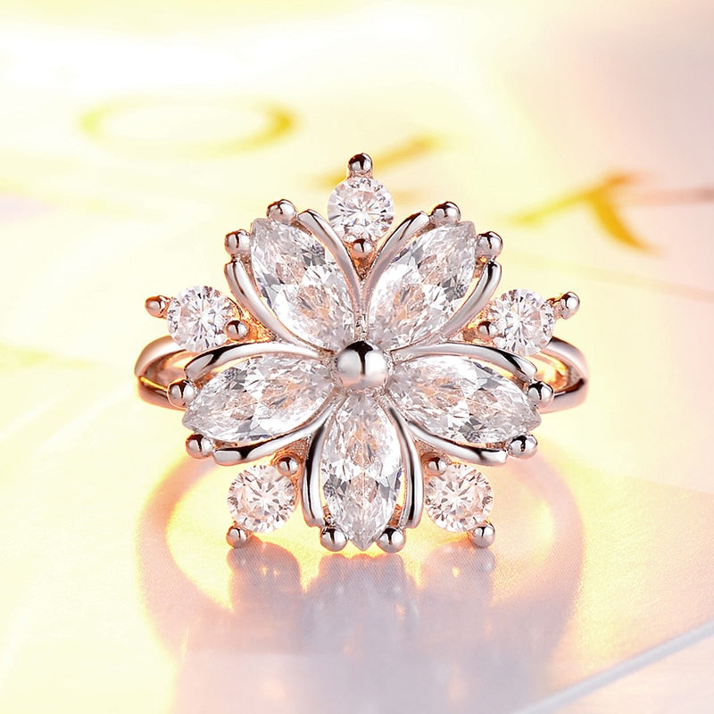 Anillo de flor de cristal de Zirconia cúbica de Plata de Ley 925 brillante para mujer, anillo de boda de piedra blanca rosa con copo de nieve alto