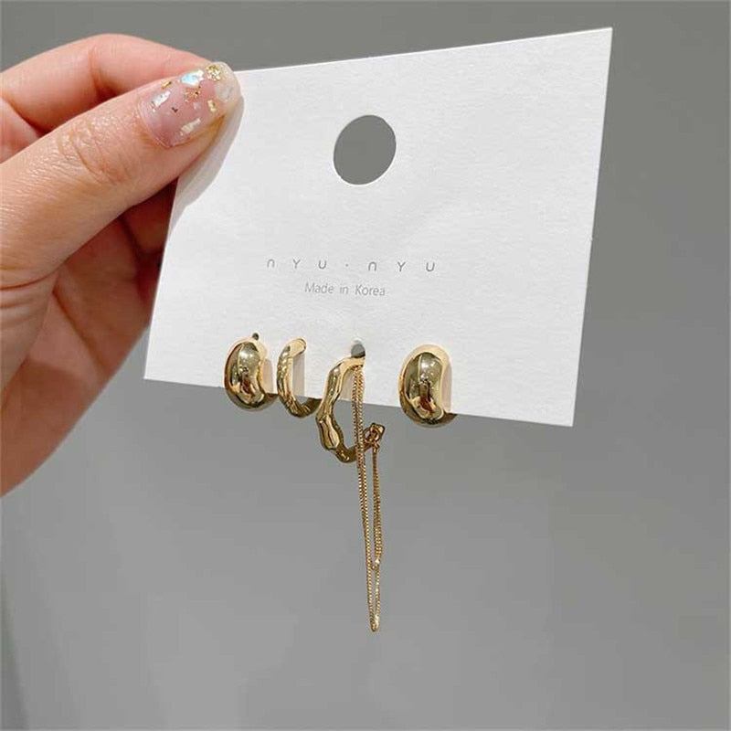 4PCS/SET Design Gold Color Silver Plated Geometric Irregular Tassel Chains Clip Earrings for Women Non Pierced Ear Cuff 2021