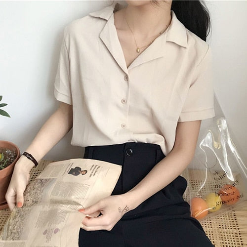 Blusa de verano para mujer, moda de manga corta con cuello en V, informal, para oficina, para mujer, camisas blancas, Tops, estilo coreano japonés