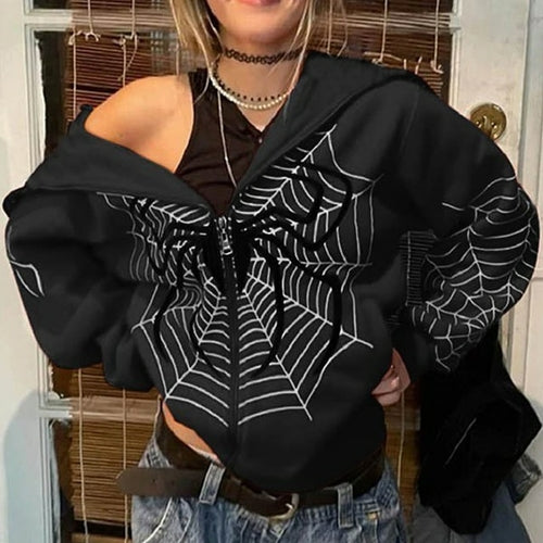 Sudadera con capucha Dark Spider Web Printed Goth Sudadera con capucha negra Sudadera con cremallera