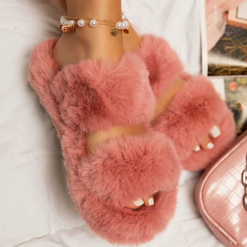 Indoor Women Fur Slippers Fluffy Soft Furry Slides Thick Flats Heel