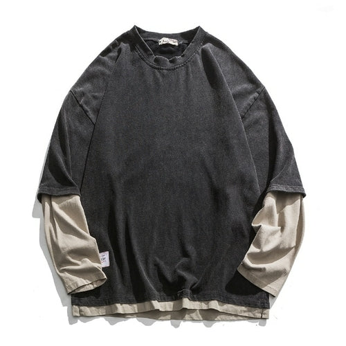 Japanische Streetwear Fake Two Sweatshirts Mode Rundhalsausschnitt locker