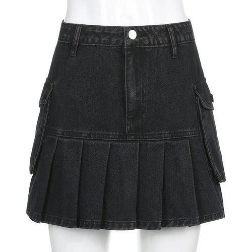 Jeans Mini Skirt Goth Denim Pleated Skirts With Big Pockets Women Girl