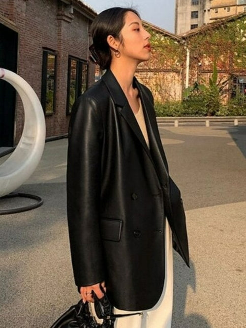 Black Leather Moto Jacket Vintage Warm Female Loose Leather
