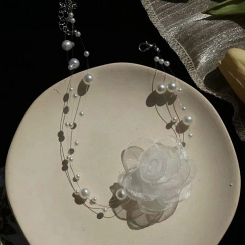 Yarn Flower Choker Pearl Beaded Clavicle Necklace Cute Romantic