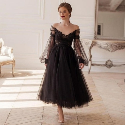 Black Princess Evening Dress A-line Sexy Illusion Long Sleeve