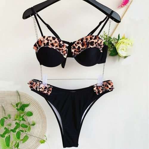 Leopard Swimwear Female Patchwork Bikini Set High Cut Swimsuit