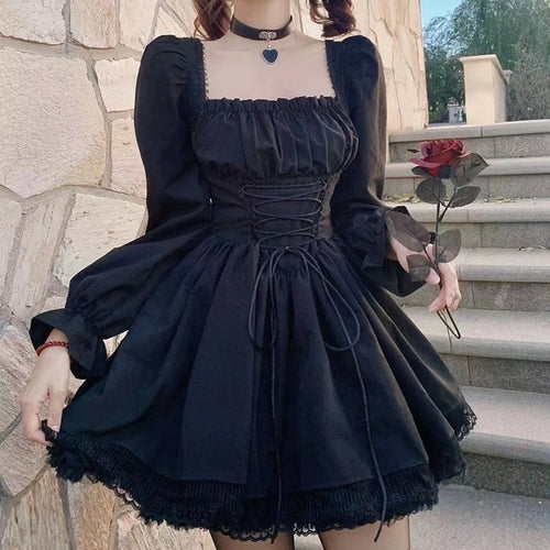 Lange Ärmel, schwarzes Lolita-Kleid, Goth-Ästhetik, Puffärmel, hohe Taille