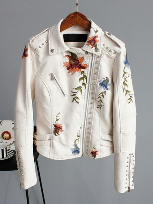 Lin Floral Print Embroidery Faux Soft Leather Jacket Women Pu