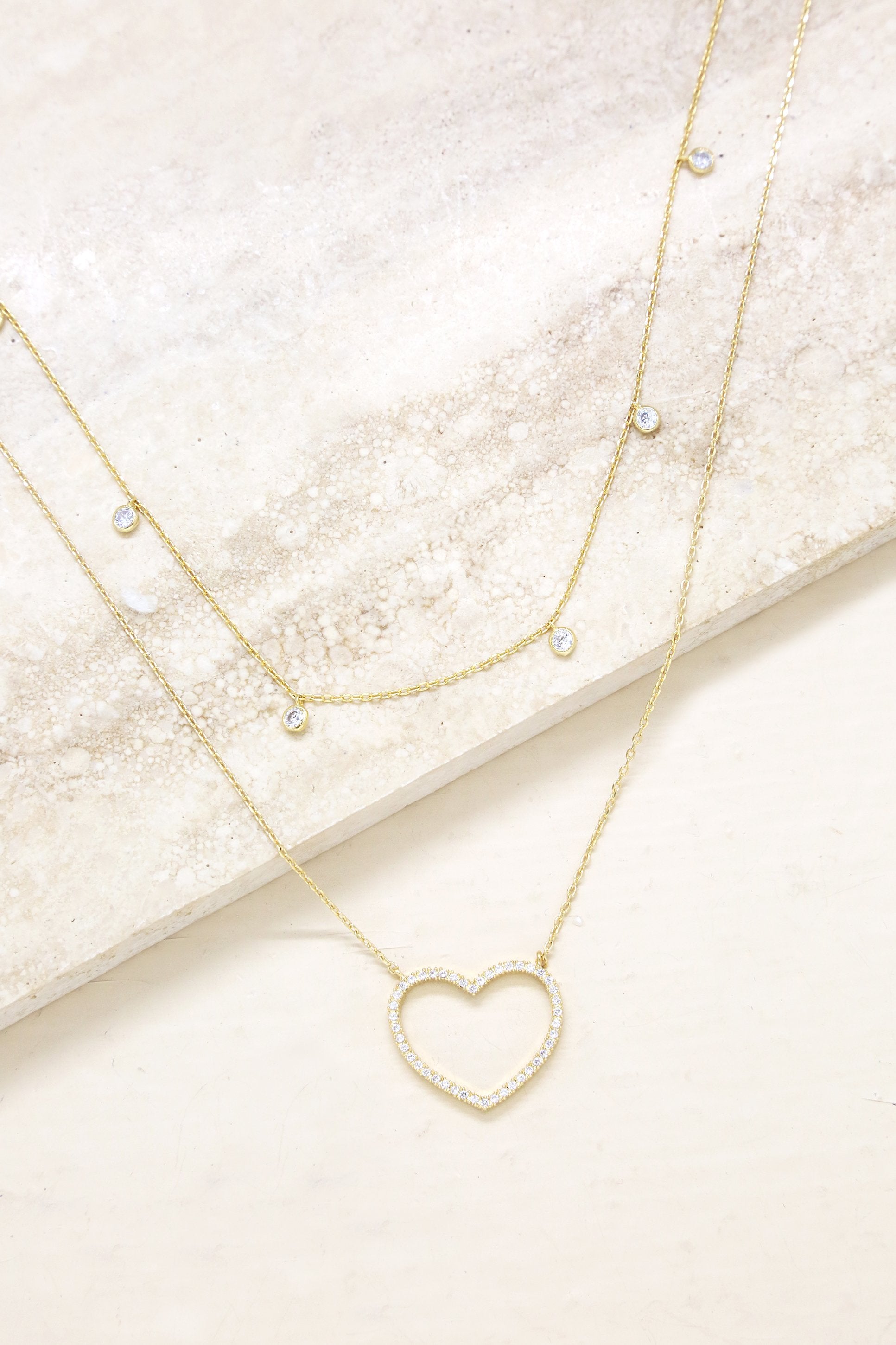 Crystal Heart and Drop Layered 18k Gold Plated Necklace Set of 2