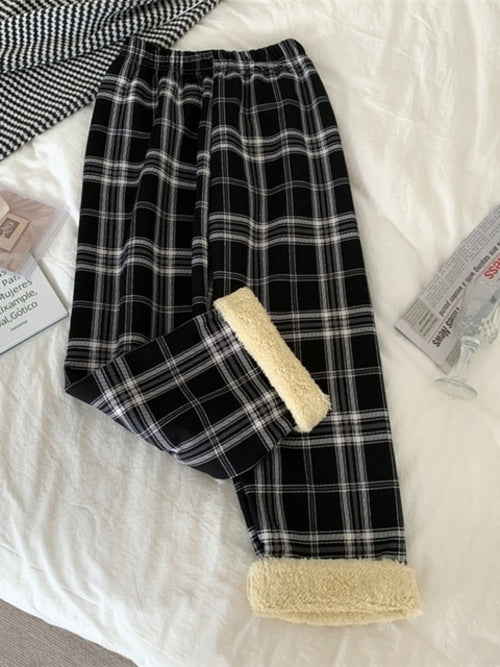Warm Plush Pants Thick Plaid Women Casual Loose Wide