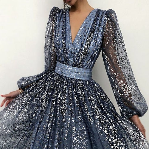 Kleid Pailletten Tüll Langarm | Elegante Abendkleider aus Tüll