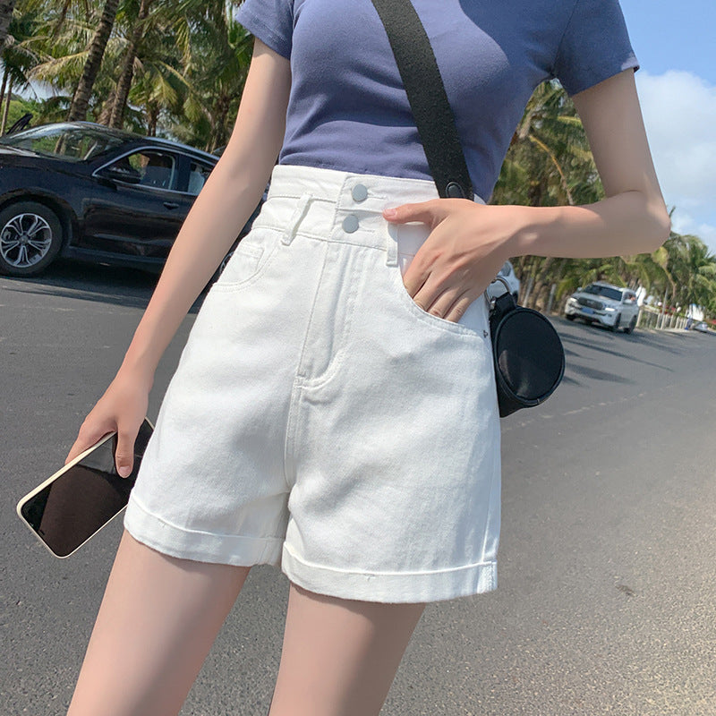 Denim shorts female summer ultra high waist loose double buckle thin flake explosion model white hot pants female