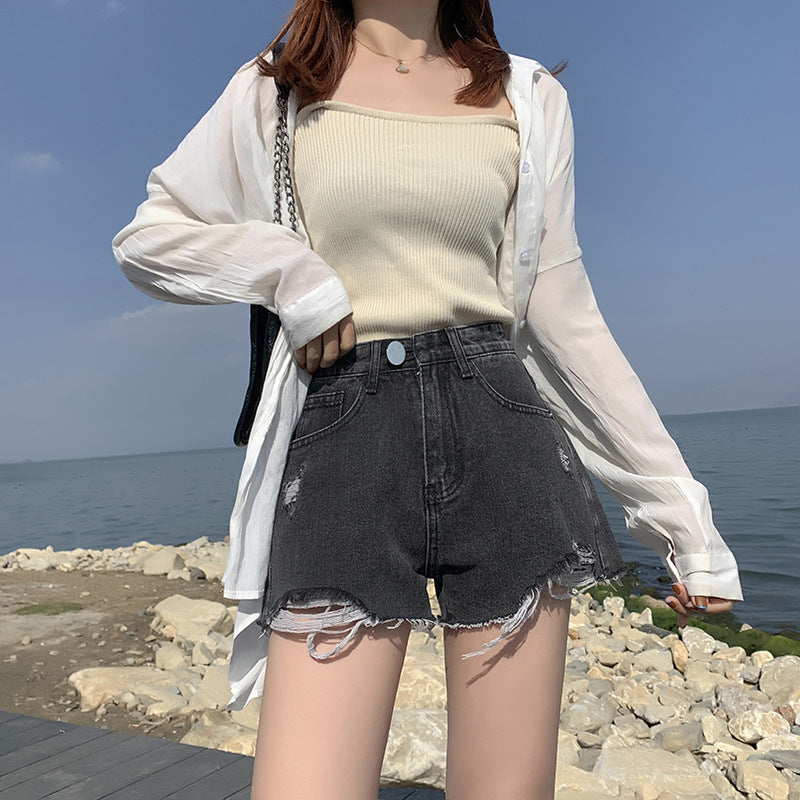 Denim shorts female summer  version of the high waist slimming high loose hole wool wrapping pants tide