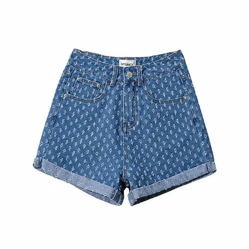 Lässige blaue Shorts für Frauen mit hoher Taille, Patchwork-Rüschentaschen