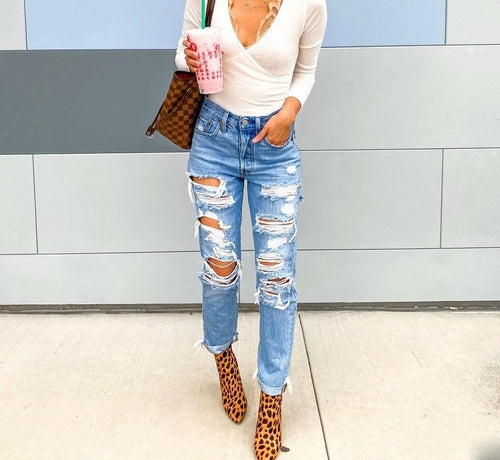 Women's High Waisted Skinny Destroyed Ripped Hole Denim Pants 