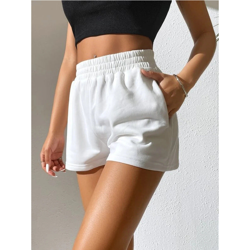 summer women's elastic waist loose wide leg solid color casual sports shorts