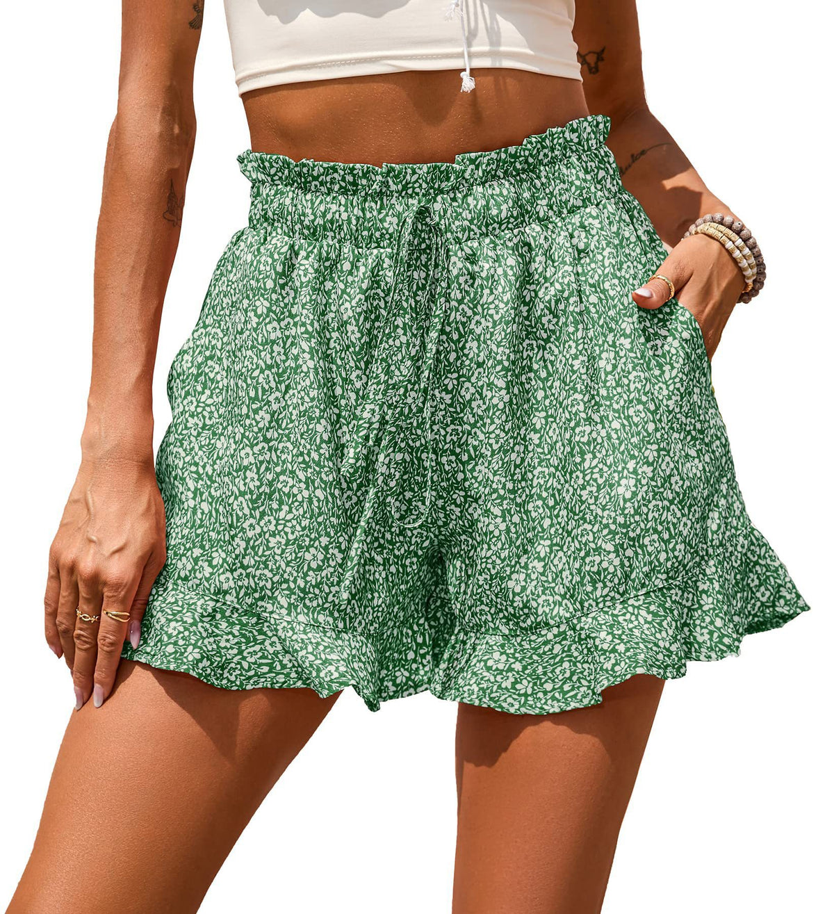 European and American wish summer foreign trade cross-border women's chiffon printed casual pocket waist shorts