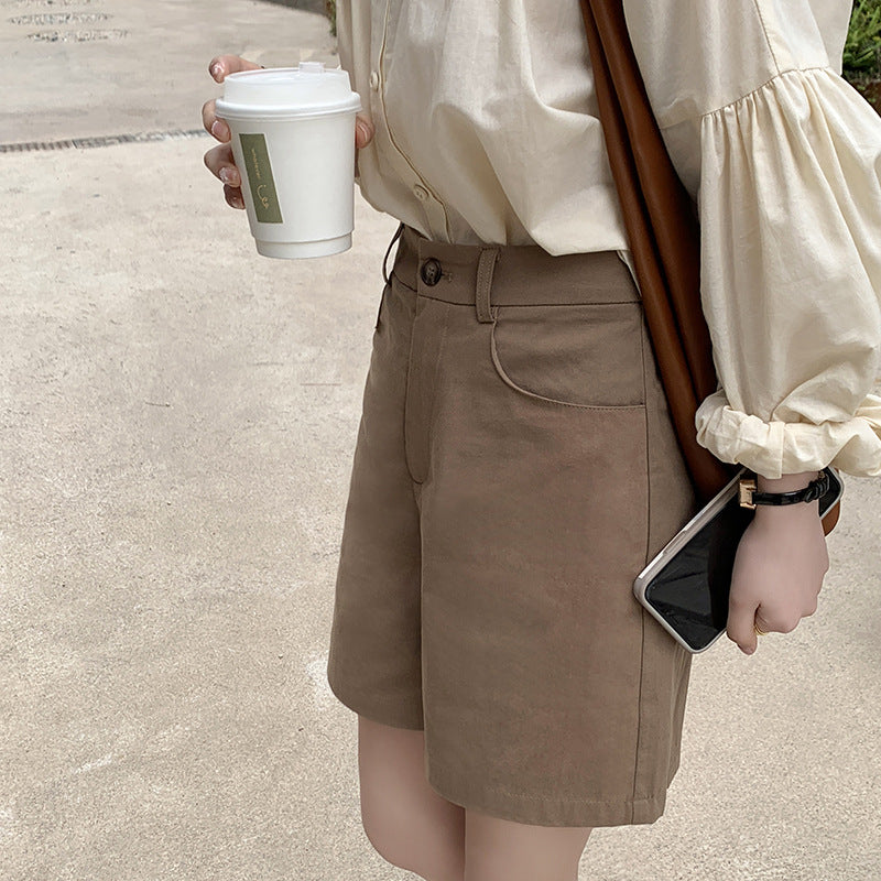 solid color casual five pants female summer loose high waist straight shorts tide