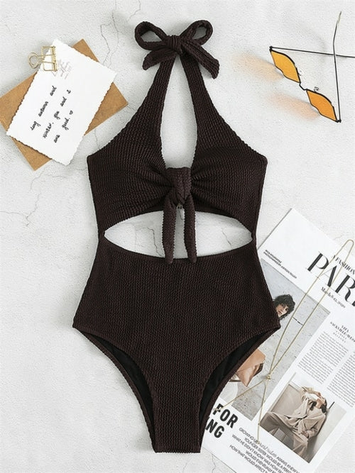 One Piece Swimsuit Solid Bow Ribbed Swimwear Women Halter