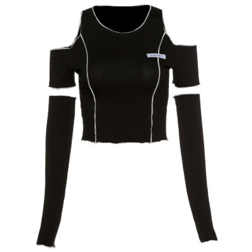 Patchwork Black T-shirts Gothic One Shoulder Sleeve Y2k Crop Tops