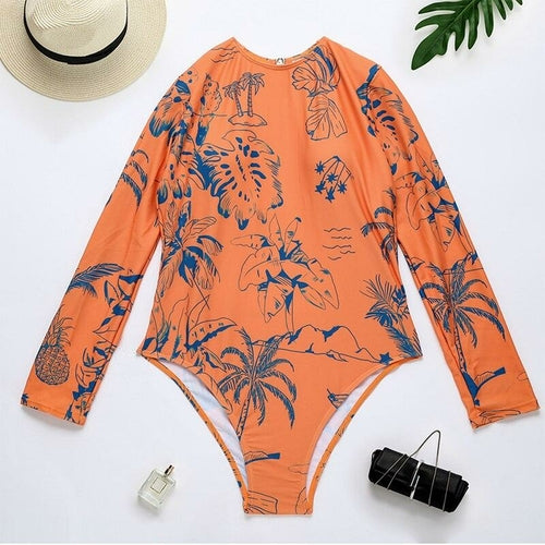 Peachtan Plant print monokini Long sleeves one piece swimsuit women