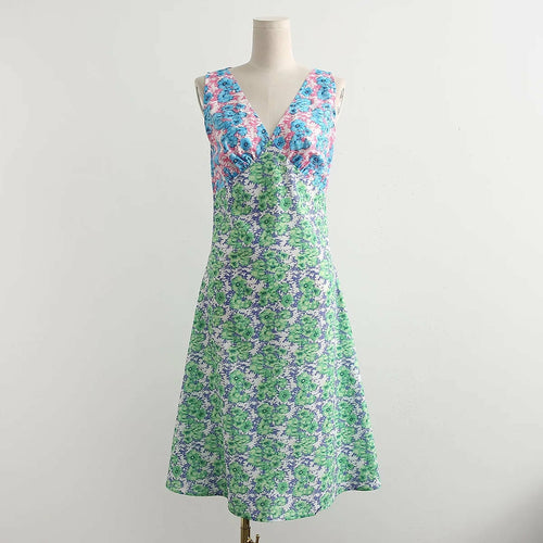 Printed Green Summer Vintage V Neck Tank Dress Sundress