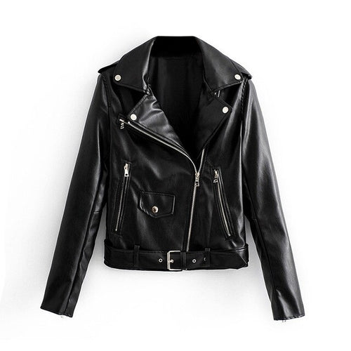 Pu Leather Bomber Jacket With Belt Women Irregular