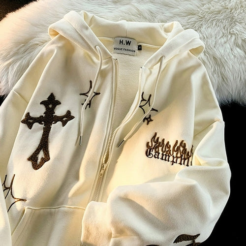 Retro Embroidered Hoodies Women Casual High Street Gothic Long Sleeve